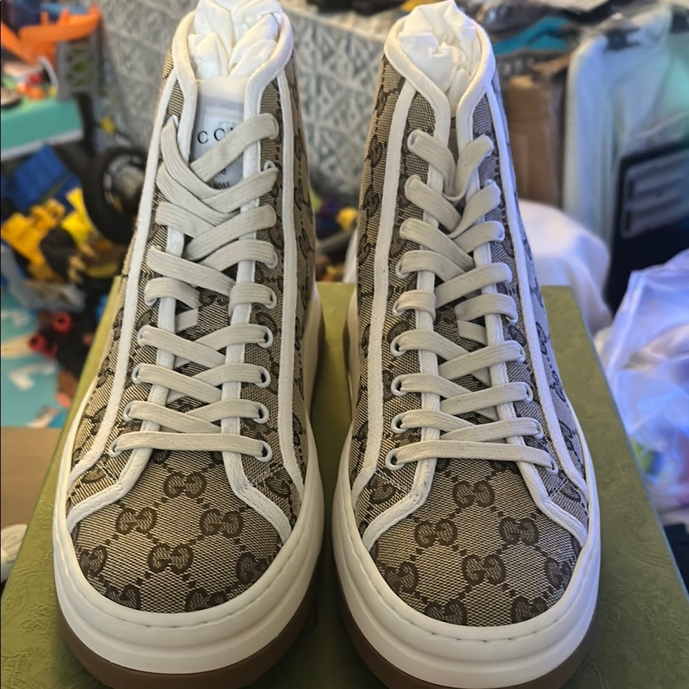 Gucci Beige and White High-Top Sneakers